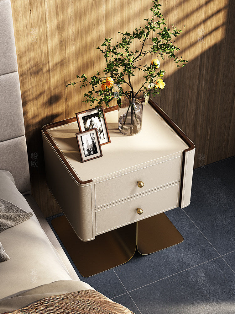 Cream Leather Look Nightstand with 2 Drawers, Modern Bedside Table with Gold Tone Pedestal Base, Solid Wood Frame Storage Cabinet for Bedroom, Living Room, Guest Room, Small Spaces