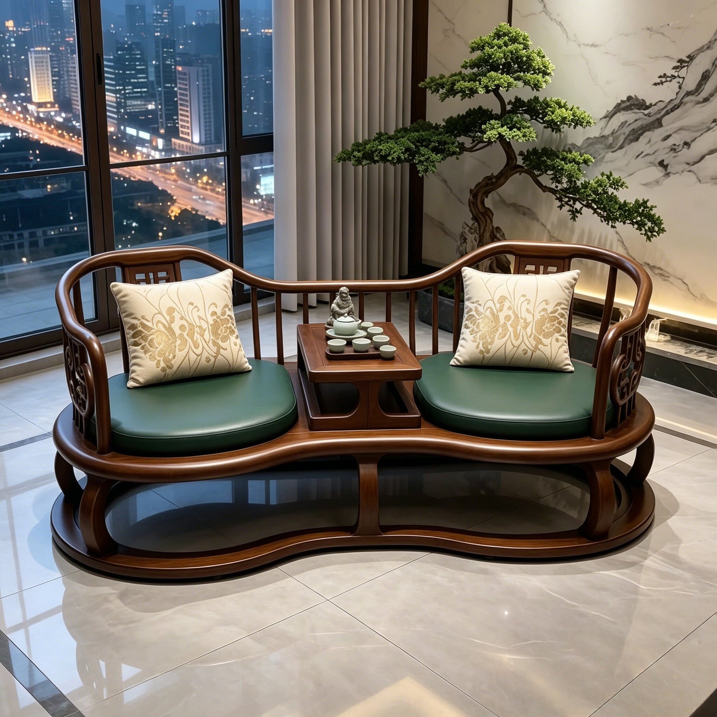 Solid Black Walnut Wood Chinese Daybed Bench with Built-In Tea Table, Upholstered Double Lounge Chair, Traditional Carved Chaise Sofa, Oriental Conversation Bench for Living Room, Tea Room, Bedroom &amp; Reading Nook