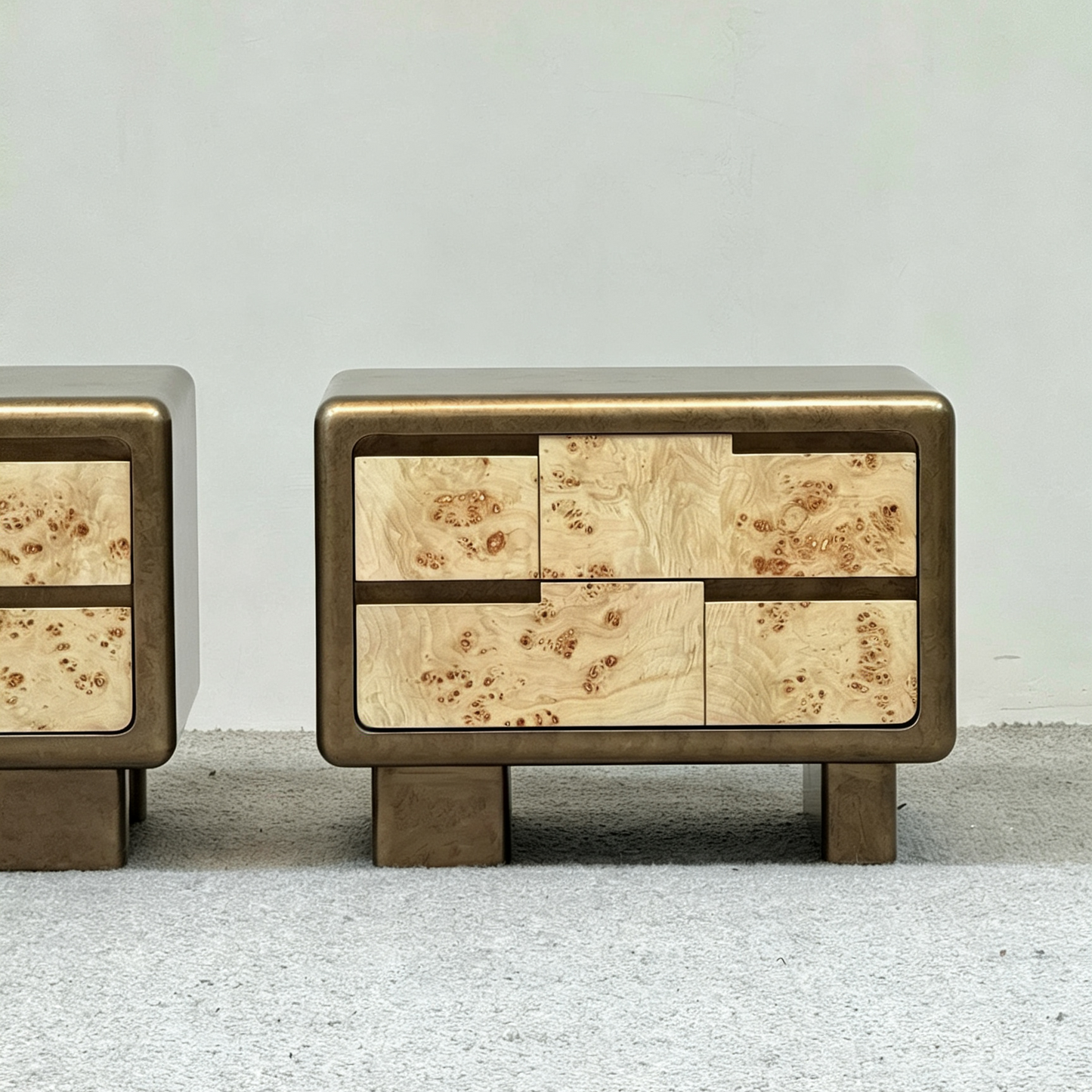 Brown Burl Veneer Nightstand with Storage Drawers for Bedroom