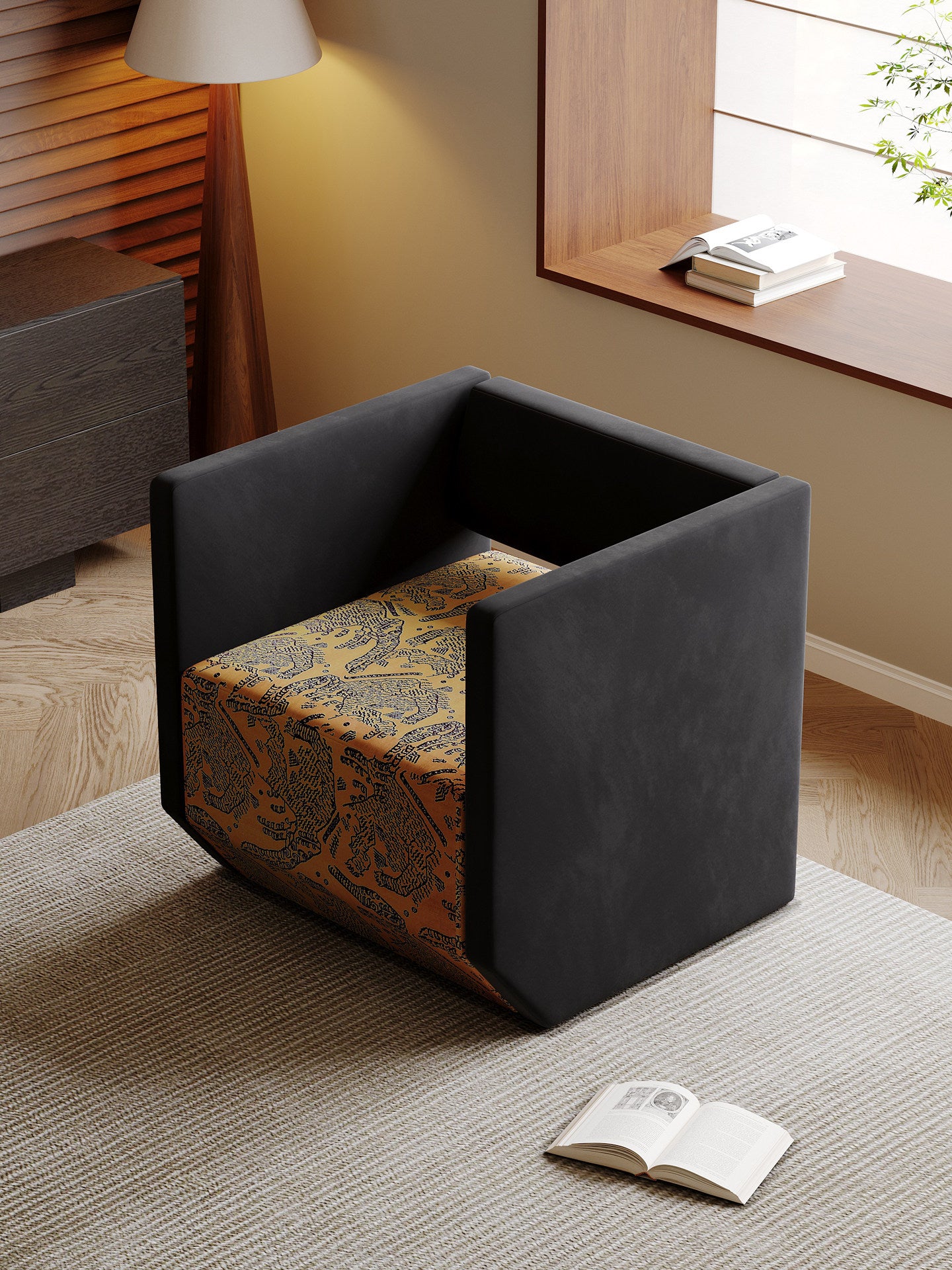 Black Upholstered Cube Accent Chair with Golden Brown Tiger Print Seat, Geometric Square Armchair with Enclosed Back for Living Room, Bedroom, Apartment, Hotel and Reading Corner
