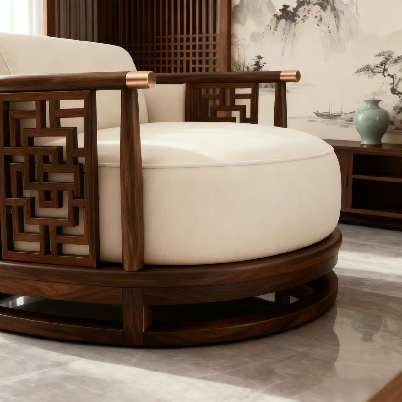 White Upholstered Ash Wood Barrel Accent Chair with Openwork Arms