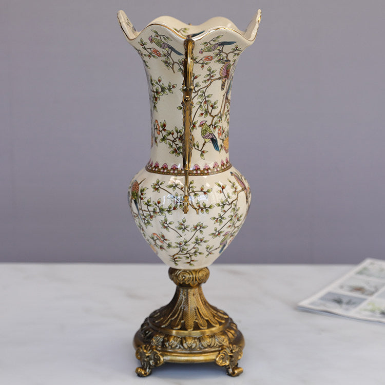 Large Ceramic Urn Vase with Ornate Metal Handles, Bird Floral Design