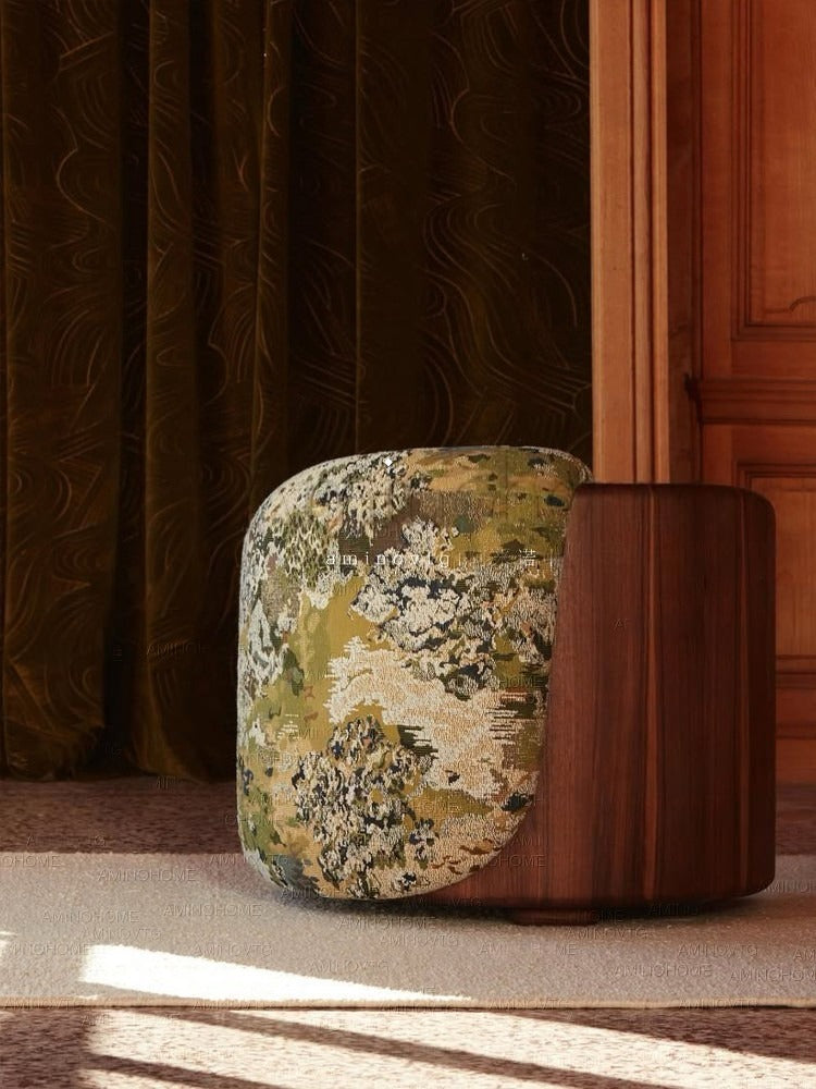 Solid Ash Wood Accent Chair with Floral Jacquard Upholstery, Brown
