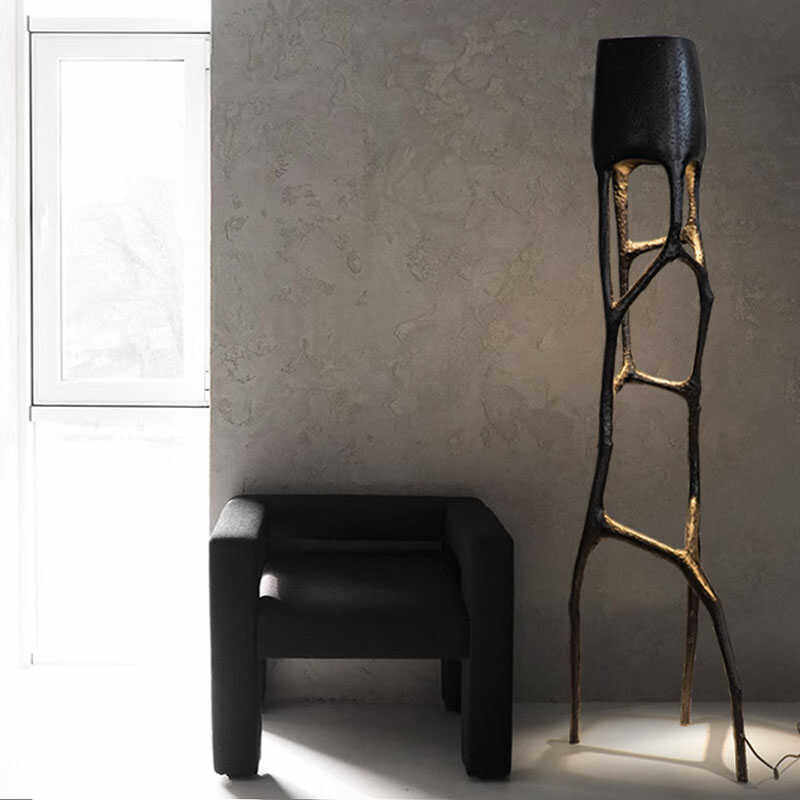 Modern Sculptural LED Floor Lamp, Tree Hollow Standing Light with Integrated Warm Ambient Glow and Matte Black Fiberglass Body for Living Room, Hotel Lobby or Showroom