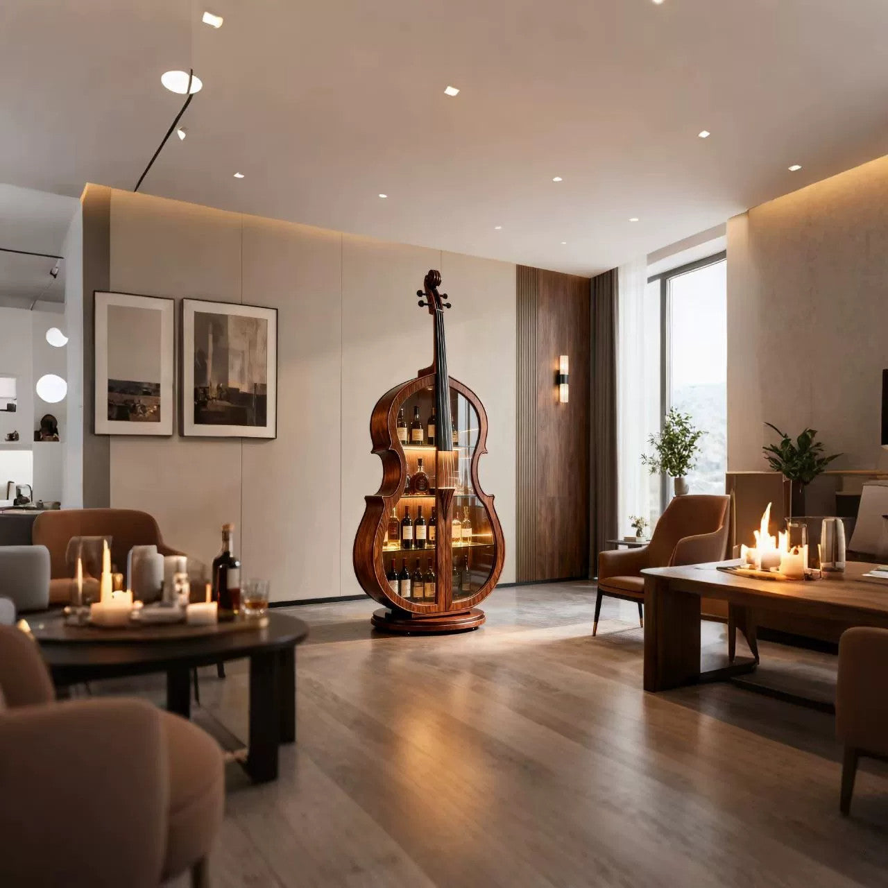 Rotating Cello Shaped Liquor Cabinet, Ash Wood Glass Door Bar Storage