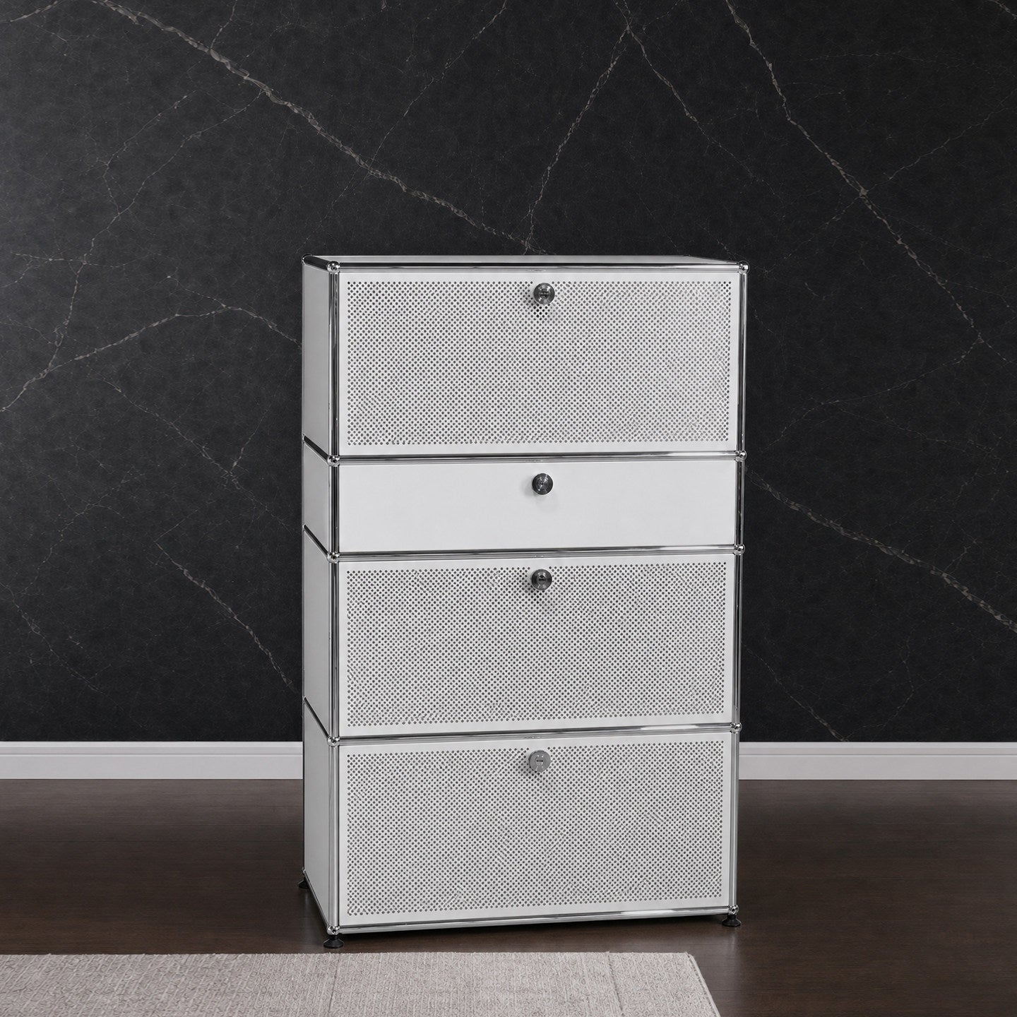 Silver Modular Style Metal Storage Cabinet, 4 Door Stainless Steel Look Chest, Perforated Front Accent Cabinet for Living Room, Bedroom, Office, Entryway, Modern Industrial Decor