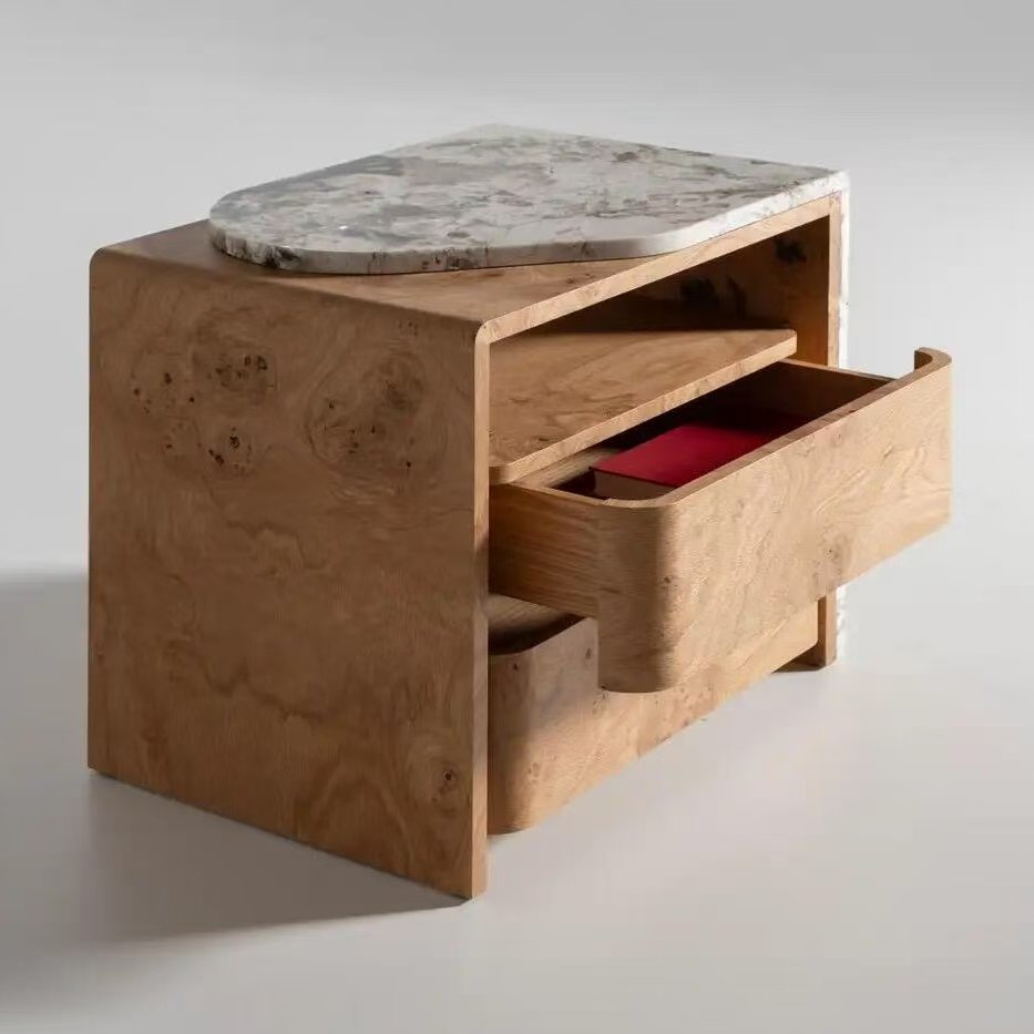 Modern Wood Nightstand with Stone Top, 2 Drawer Bedside Table with Open Shelf, Nordic Minimalist Bedroom Side Cabinet, Natural Wood Grain End Table for Bedroom, Living Room, Sofa Side