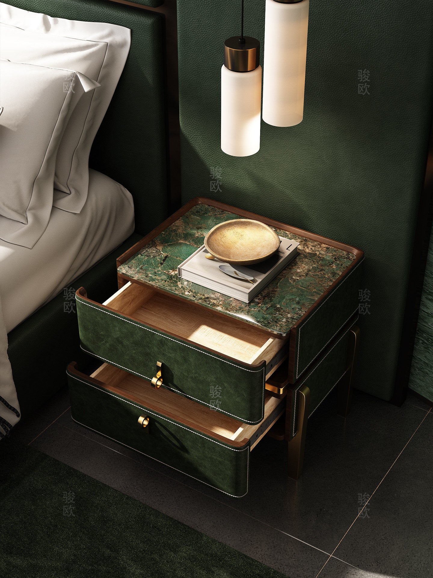 Emerald Green Nightstand with 2 Drawers, Modern Leather Look Bedside Table with Marble Pattern Top, Gold Tone Legs and Solid Wood Frame, Luxury Accent End Table for Bedroom, Living Room