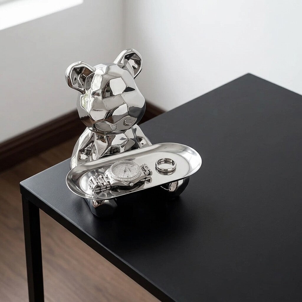 Silver Geometric Bear Tray, Reflective Animal Figurine Jewelry Holder and Catchall Organizer for Keys, Coins, Rings, Vanity, Entryway, Desk and Living Room Décor