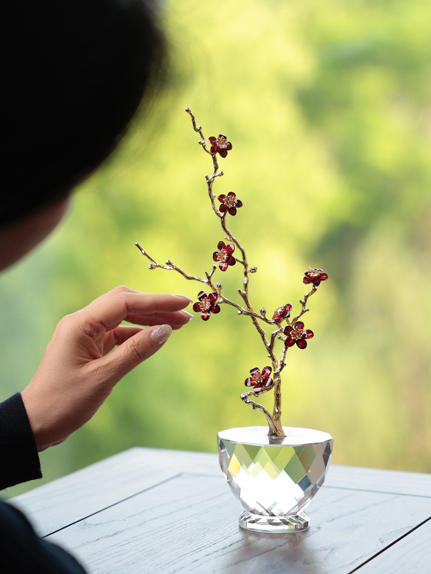 Crystal Plum Blossom Sculpture with Gold Branches, Red Floral Table Decor