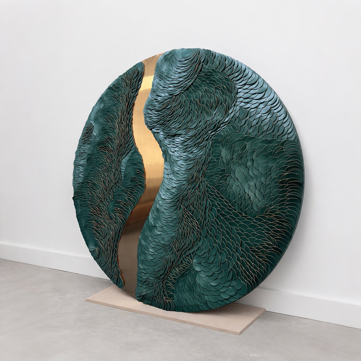 3D Leather Wall Art 31.5 Inch, Round Dark Green Abstract Wall Sculpture