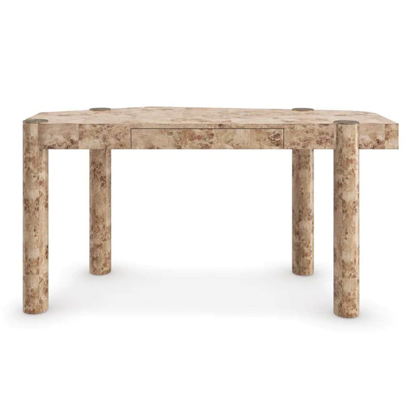 Burl Wood Writing Desk, 55 Inch Solid Wood Home Office Desk with Cylindrical Legs, Modern Rustic Work Table for Bedroom, Study Room, Small Apartment, Hotel, Villa