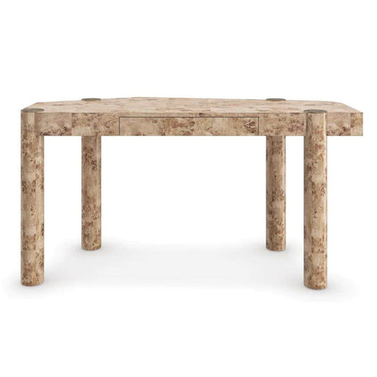 Burl Wood Writing Desk, 55 Inch Solid Wood Home Office Desk with Cylindrical Legs, Modern Rustic Work Table for Bedroom, Study Room, Small Apartment, Hotel, Villa