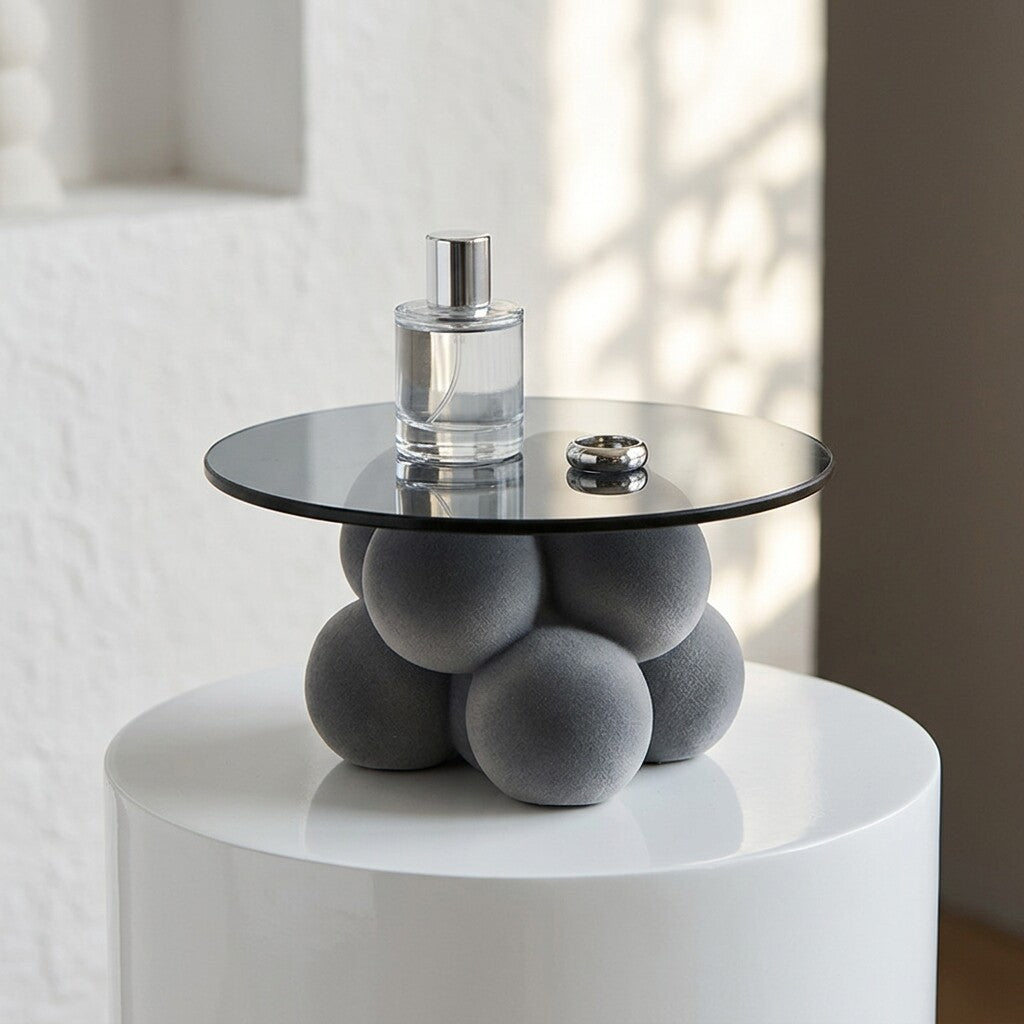 Smoke Gray Glass Display Tray, Sculptural Sphere Base Decorative Stand with Round Tinted Glass Top for Jewelry, Perfume, Candles, Vanity, Coffee Table and Entryway Décor