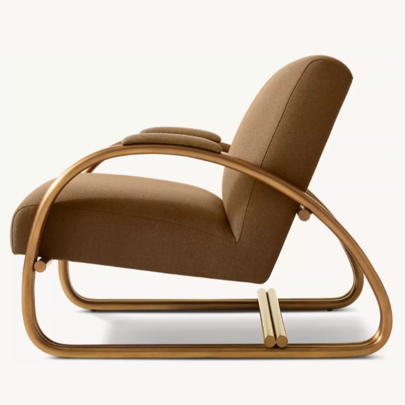 Brown Upholstered Accent Chair, Deep Lounge Armchair with Curved Bronze-Tone Frame for Living Room, Hotel, Villa, Bedroom, Reception Seating