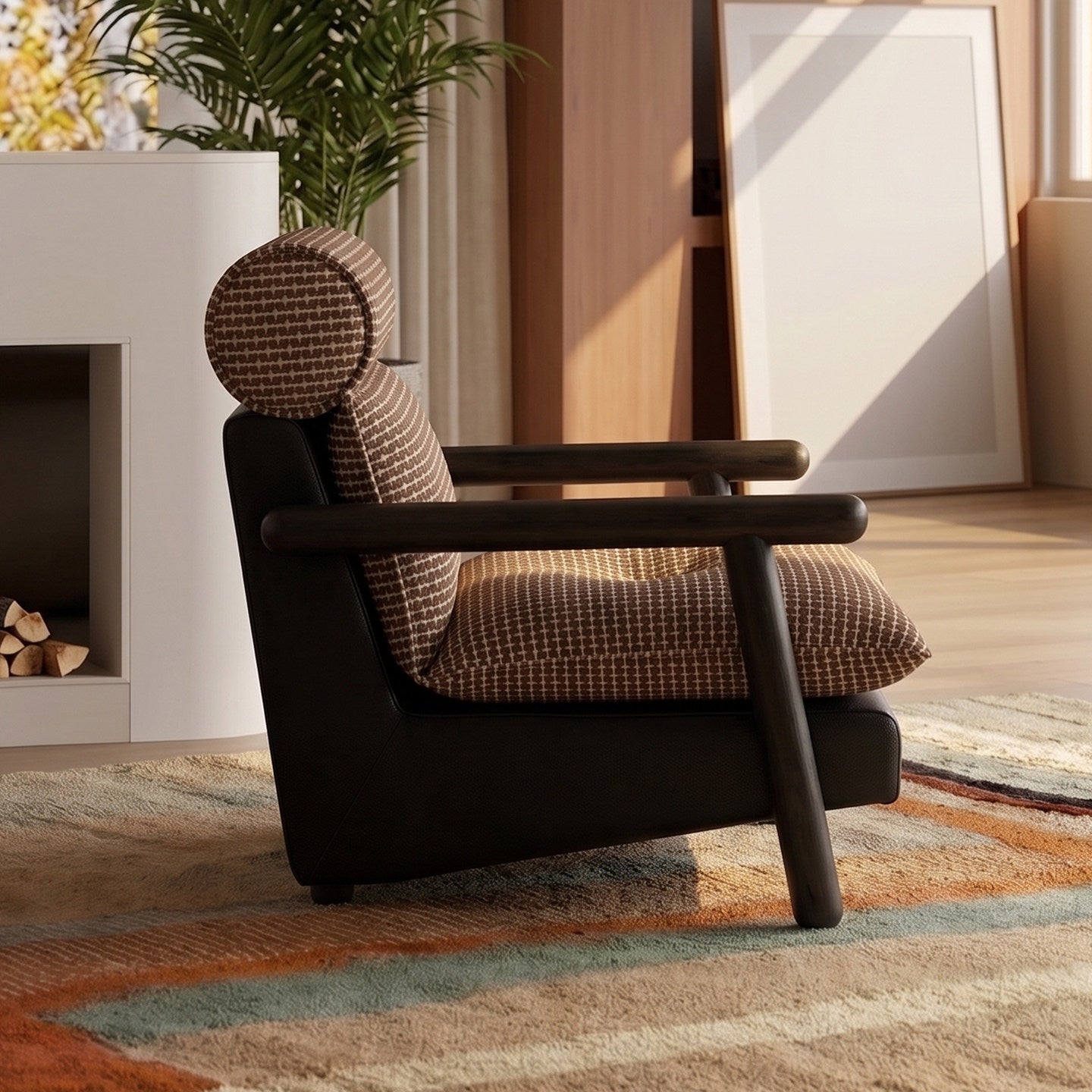 Brown Jacquard Accent Chair with Ash Wood Arms, Upholstered Lounge Chair