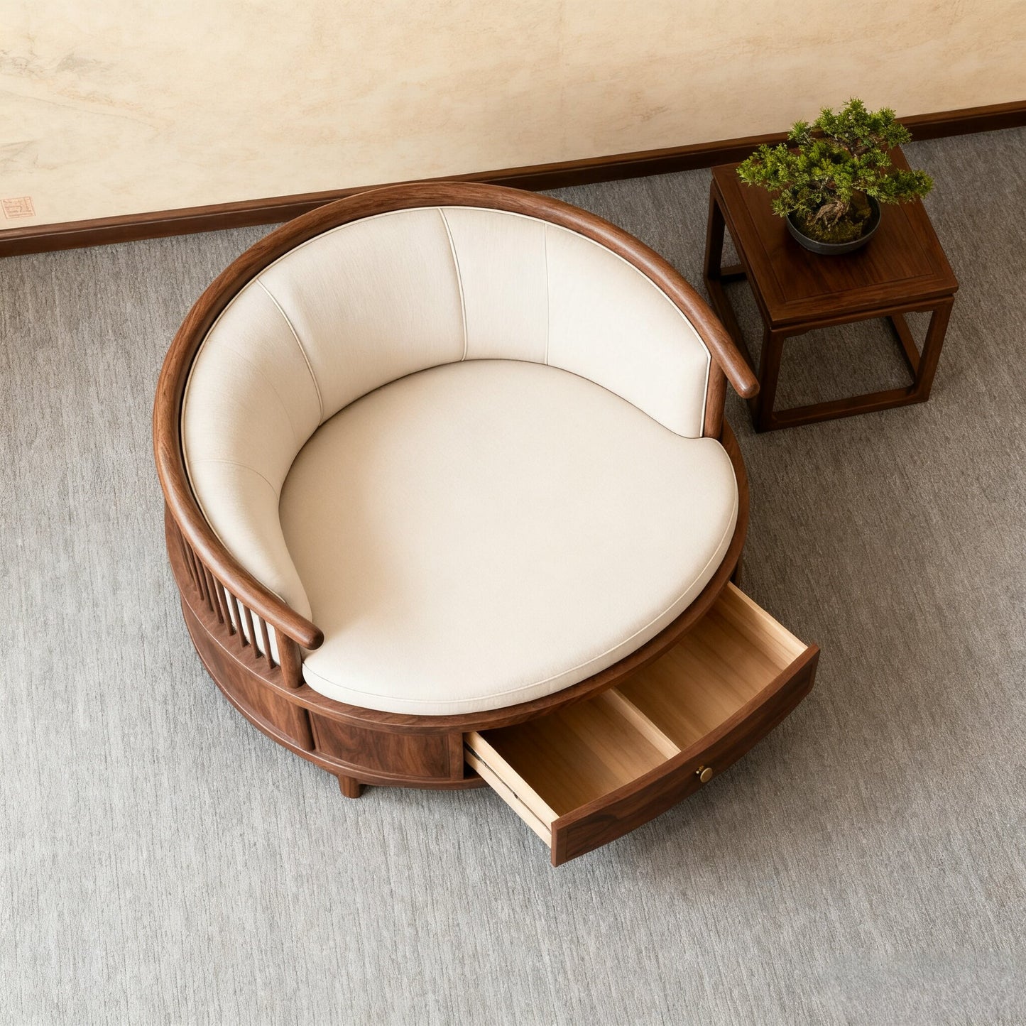 Ash Wood Barrel Chair with Storage Drawer and White Cushion