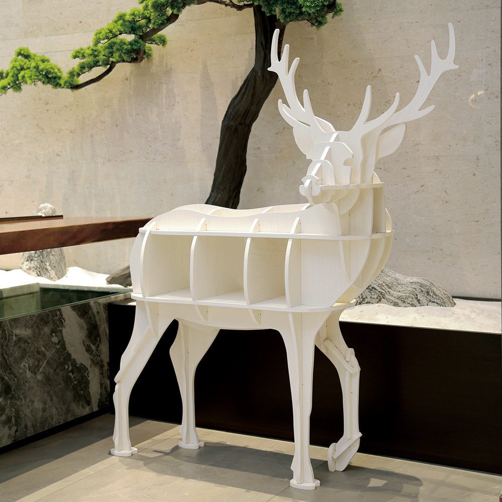 Ivory White Deer-Shaped Bookcase with Open Shelves