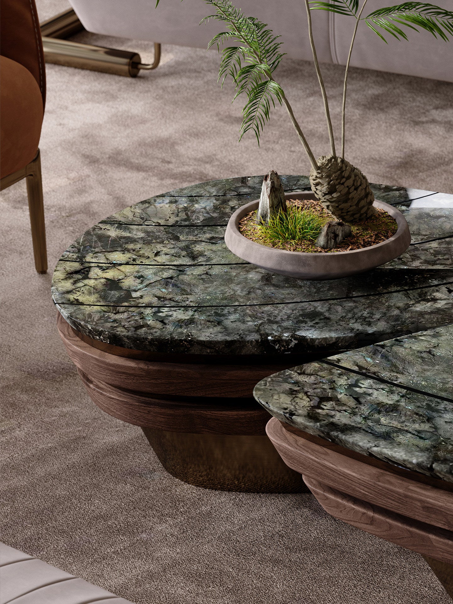 Sapphire-Tone Natural Stone Nesting Coffee Table Set, 2 Piece Shell Shaped Coffee Tables with Antique Bronze Base, Modern Luxury Center Table Set for Living Room, Lounge, Villa