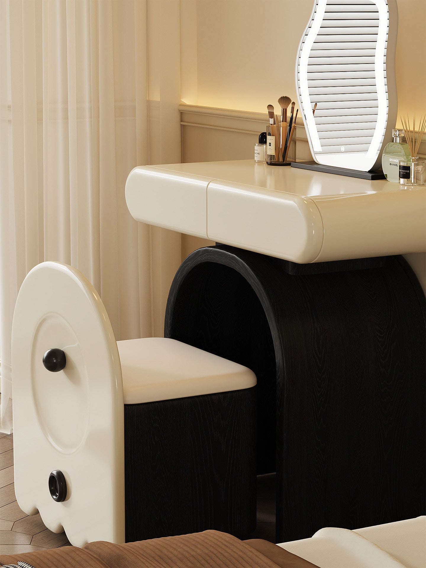 Cream White Vanity Table and Stool Set with Drawers, 31.5 In Wide