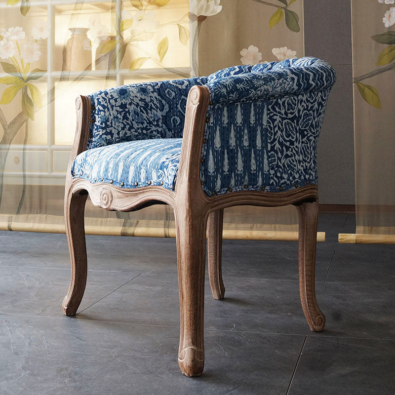 Blue Patchwork Barrel Accent Chair with Carved Wood Frame