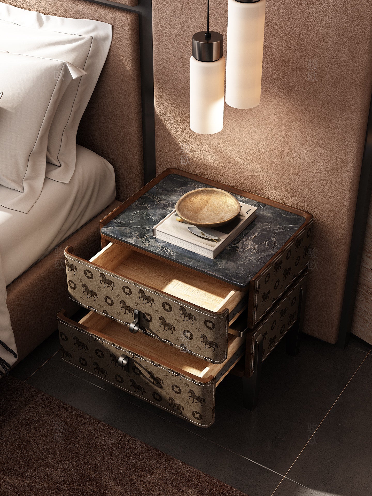 Brown Equestrian Pattern Nightstand with 2 Drawers, Modern Leather Look Bedside Table with Stone Pattern Top, Solid Wood Frame and Dark Legs, Luxury Accent End Table for Bedroom, Living Room