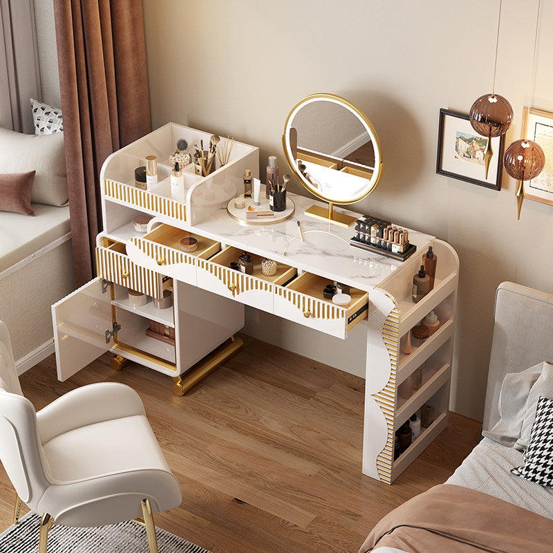 Modern Vanity Desk with Round LED Mirror, Sintered Stone Top Makeup Table with Fluted Gold-Tone Accents, Drawers, Side Storage Cabinet and Cosmetic Organizer for Bedroom