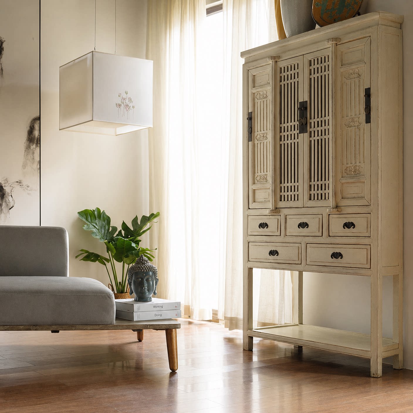Distressed White 4-Door Storage Cabinet with 5 Drawers and Open Shelf