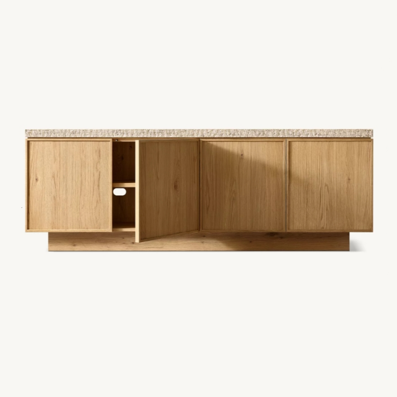Travertine Top Sideboard Buffet Cabinet, Solid Wood 4-Door Storage Credenza, Modern Media Console TV Stand for Living Room, Dining Room, Entryway,