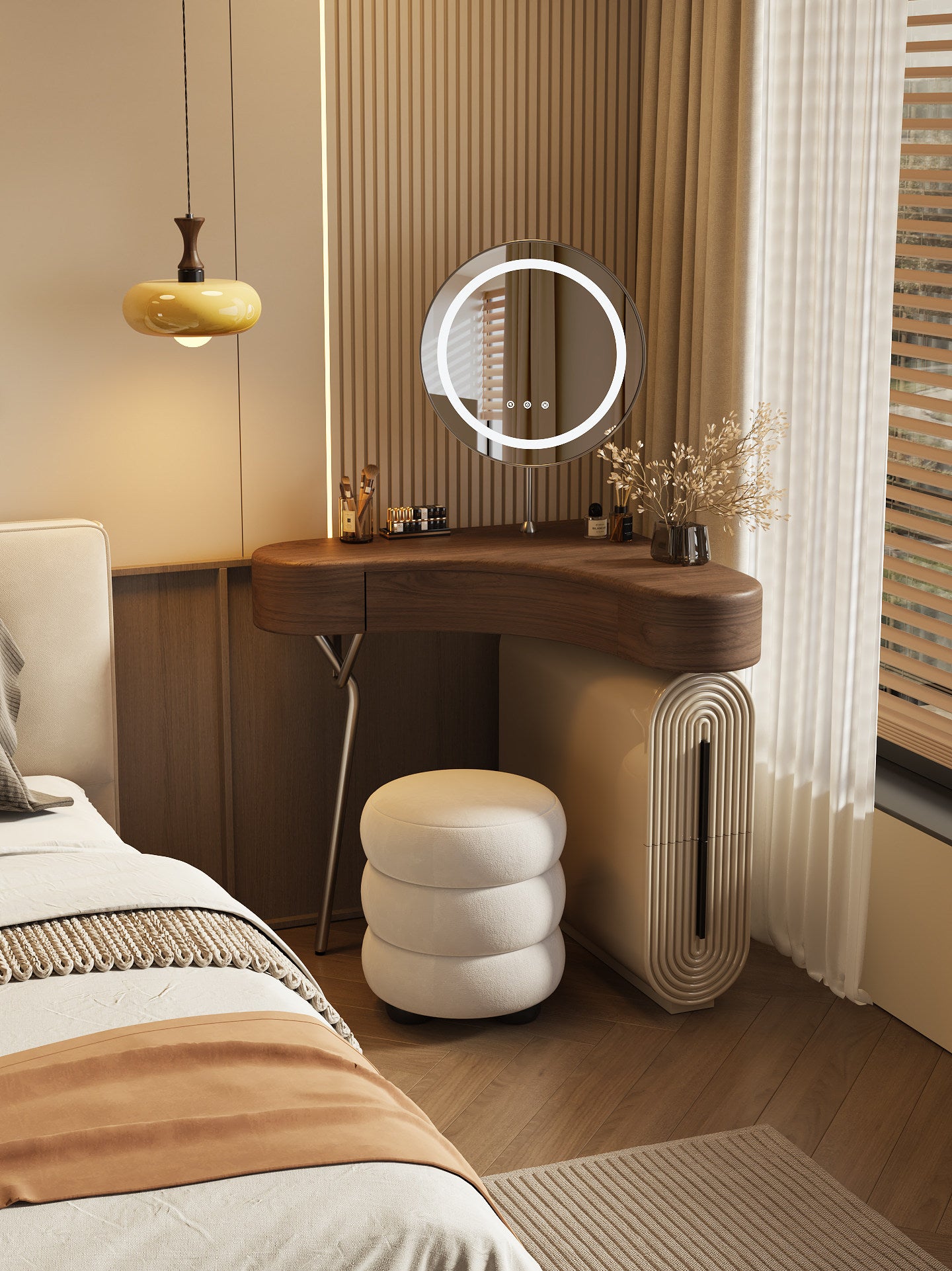 Corner Vanity Table Set with Mirror and Round Stool, Walnut and Khaki Gray