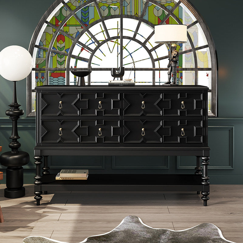Black Solid Wood Console Cabinet with 8 Geometric Drawers, Entryway Storage Table with Turned Legs and Lower Shelf, Decorative Sideboard for Foyer, Living Room or Dining Room