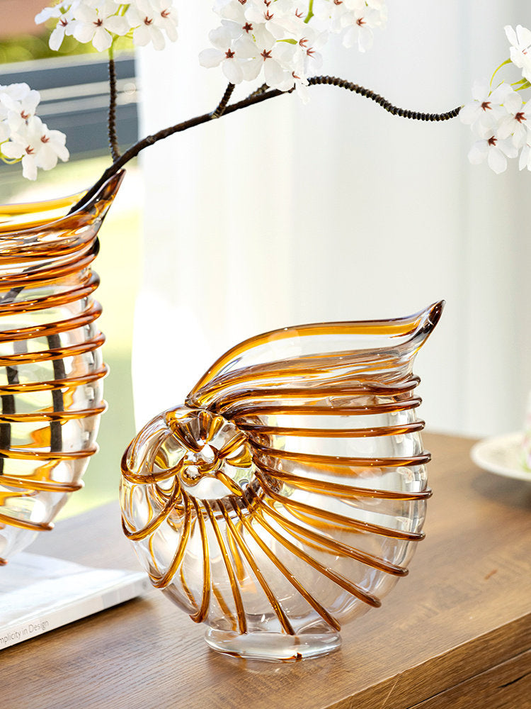 Amber Glass Conch Shell Vase, Large Nautilus Decorative Tabletop Sculpture