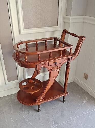 Solid Wood Bar Cart with Wine Storage, Serving Tray and Locking Wheels