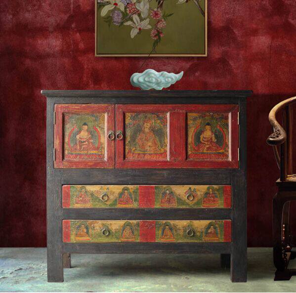 Distressed Red Solid Wood Accent Cabinet with 2 Doors and 2 Drawers