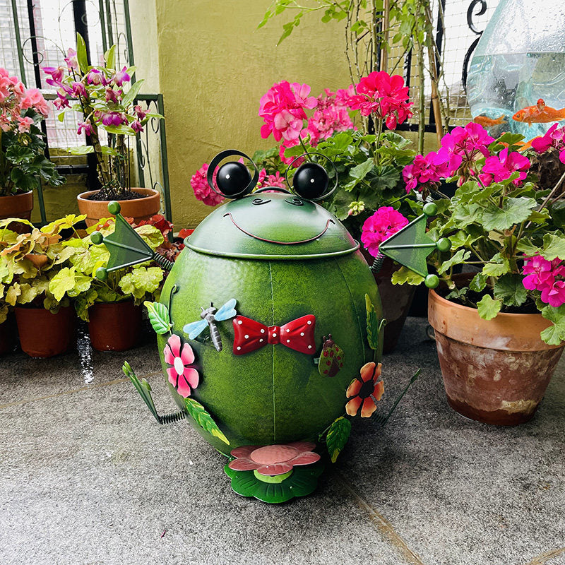 Green Metal Frog Trash Can with Lid and Removable Inner Bin, Hand-Painted Floral Bow Tie Decorative Wastebasket for Bedroom, Office, Living Room, Patio and Garden