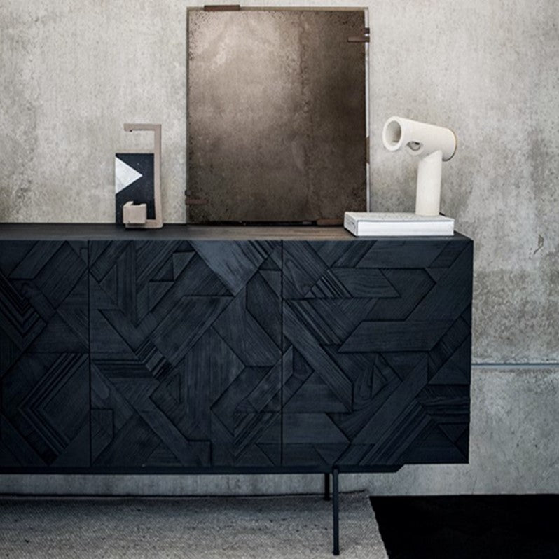 Black Solid Wood Sideboard Buffet Cabinet, Carved Geometric Front Credenza with Concealed Storage and Slim Metal Legs for Dining Room, Living Room, Entryway or Hallway