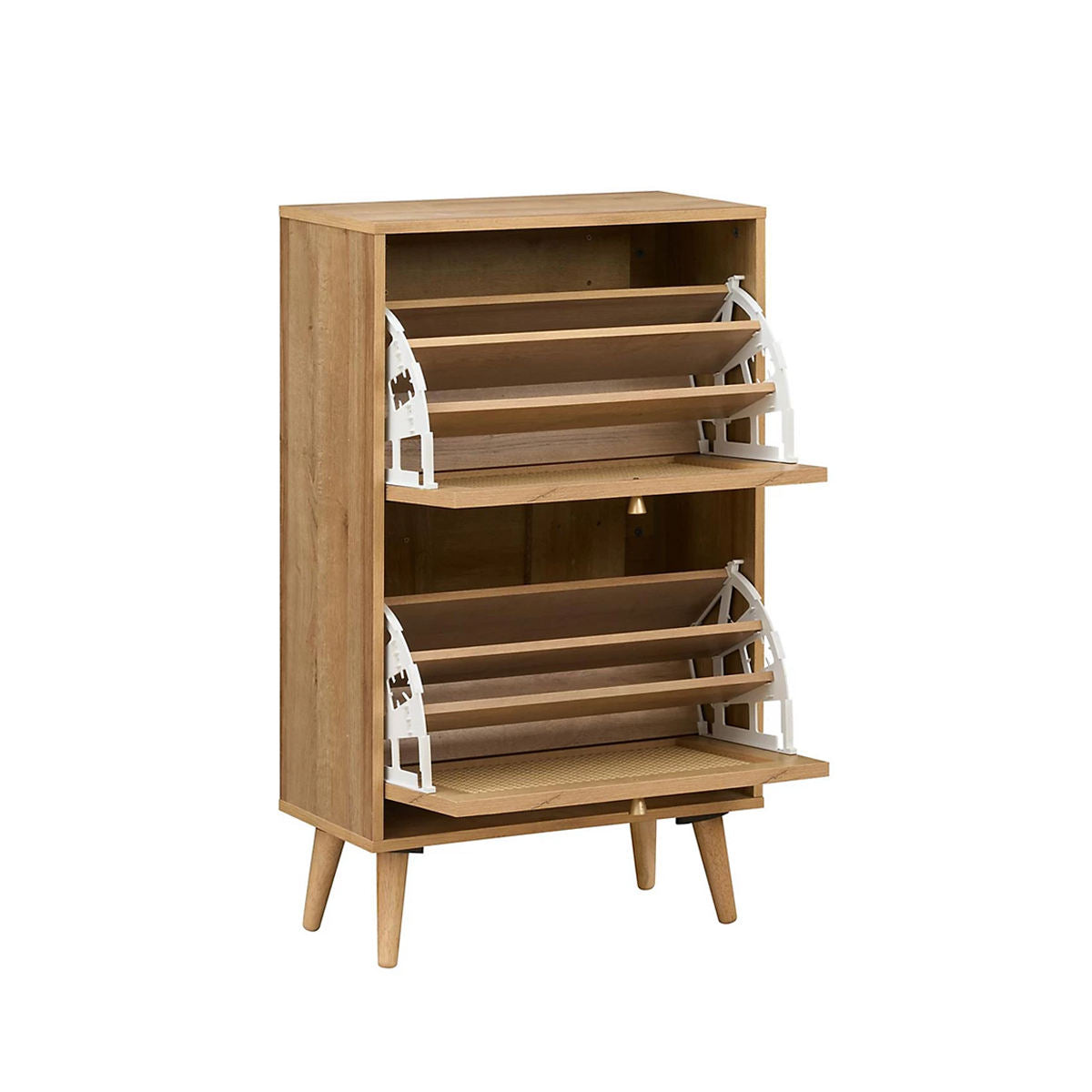 Oak Rattan Shoe Cabinet with 2 Flip Drawers