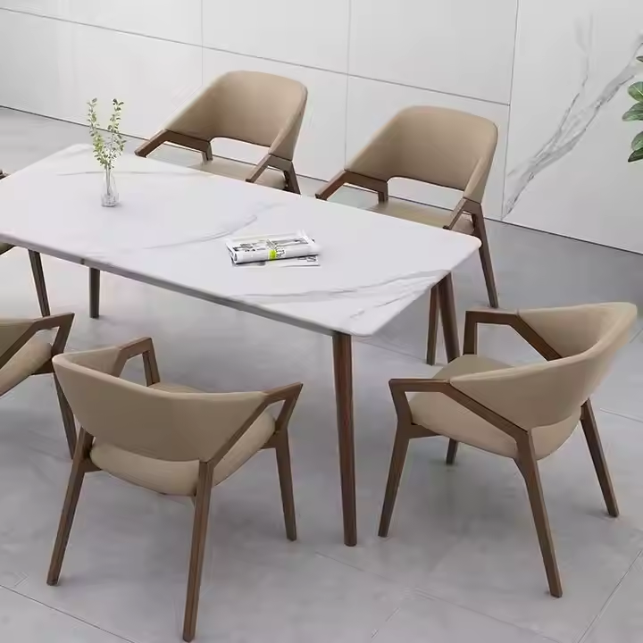 Beige Leather Dining Chair, Solid Wood Arm Chair for Dining Room
