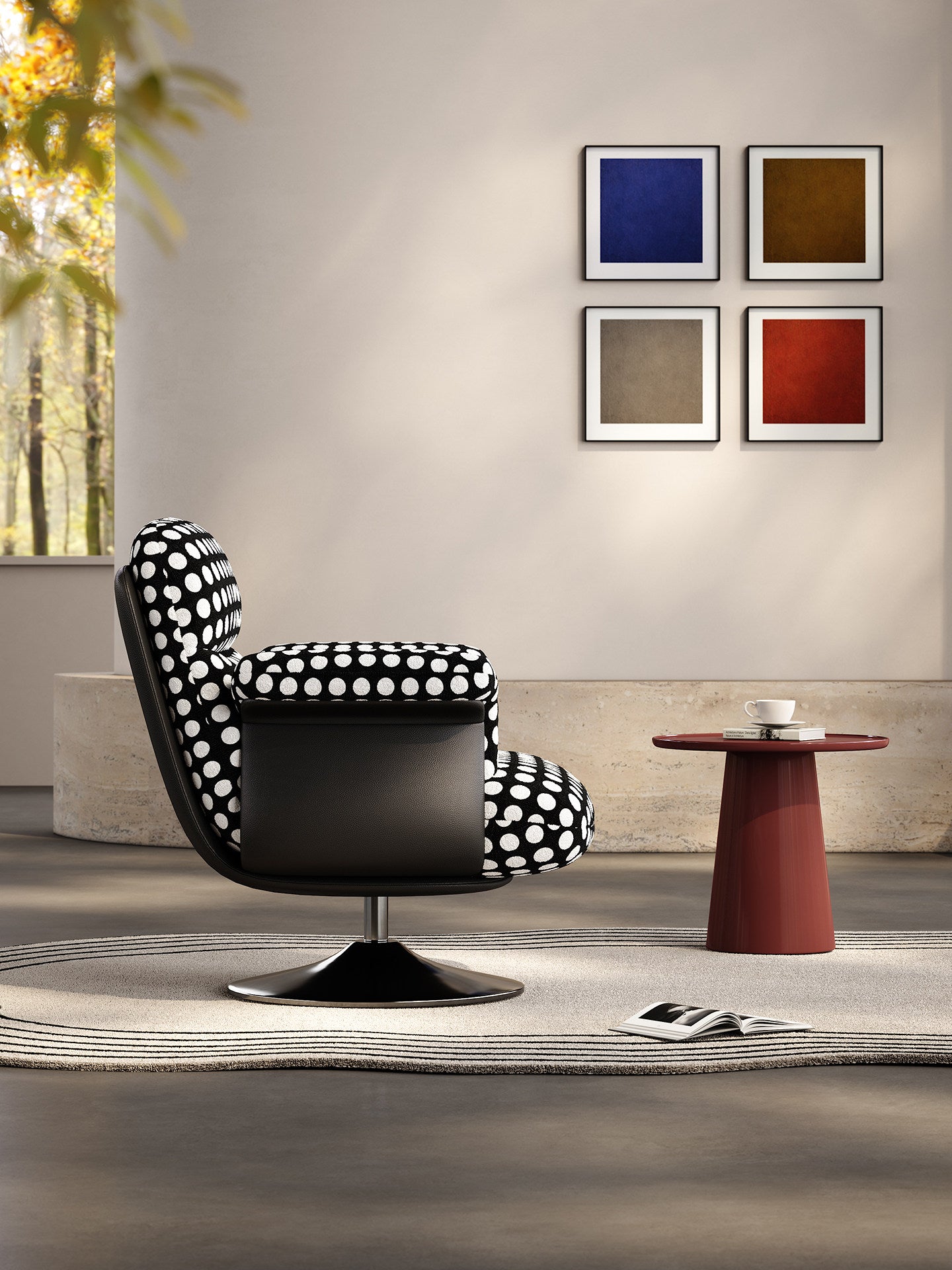 Black and White Polka Dot Swivel Accent Chair, Modern Upholstered Lounge Chair with Wide Arms, Jacquard Velvet Single Sofa Chair for Living Room, Bedroom, Balcony, Reading Corner