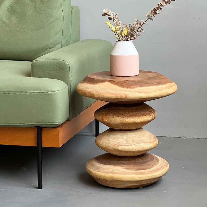 Sculptural Solid Wood Stool, Stacked Stone Side Table in Natural Finish