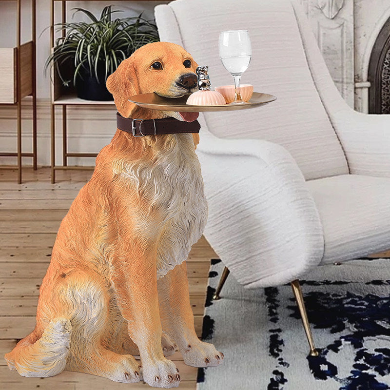 Golden Retriever Dog Statue Tray Holder, Large Resin Dog Floor Decor with Gold Round Tray, Entryway Key Bowl Stand for Living Room, Hallway, TV Cabinet and Housewarming Gift