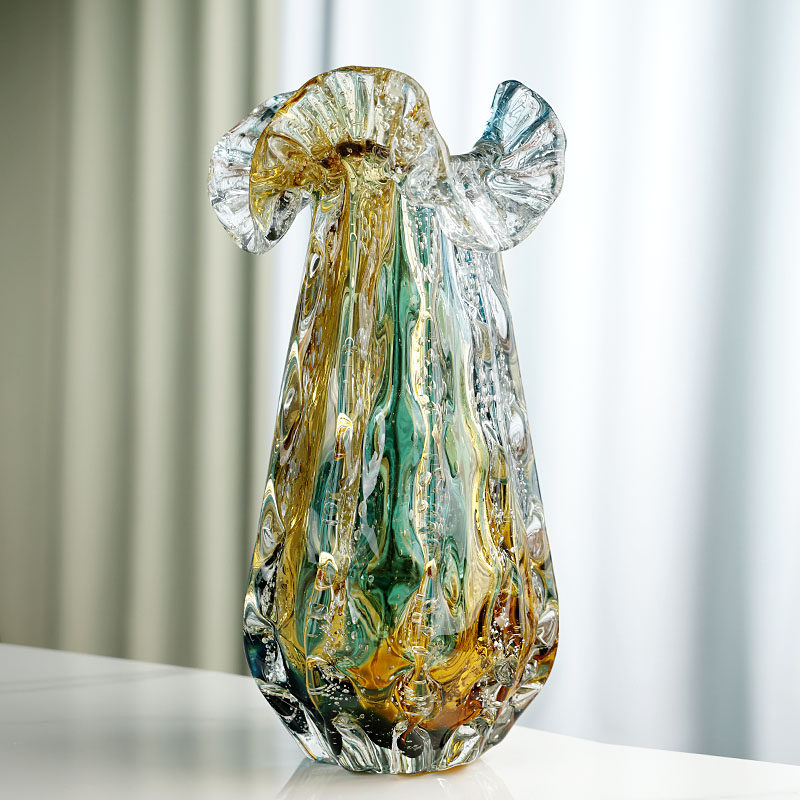 Blue and Amber Art Glass Vase with Ruffled Rim for Flowers