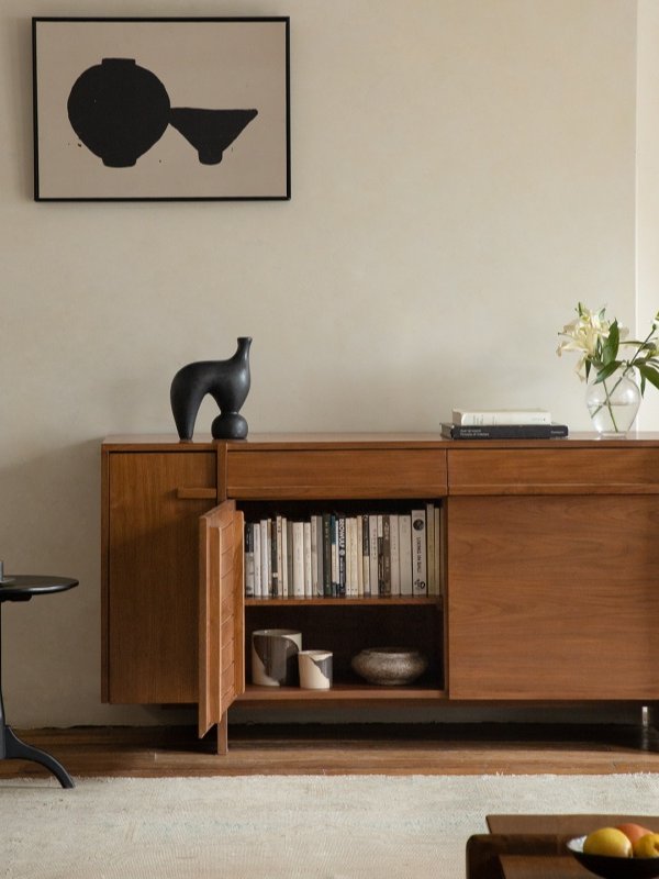 Solid Wood Sideboard Buffet Cabinet, Mid Century Storage Cabinet with Drawers and Doors, Modern Walnut Finish Dining Room Console Cabinet for Living Room, Kitchen, Entryway, and Hallway