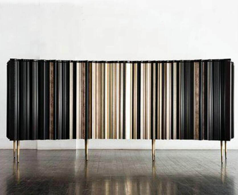 Black and Gold 2 Door Sideboard Buffet Cabinet, 35 Inch Modern Ribbed Accent Cabinet with Vertical Stripe Design, Luxury Storage Credenza for Dining Room, Living Room, Hallway and Entryway