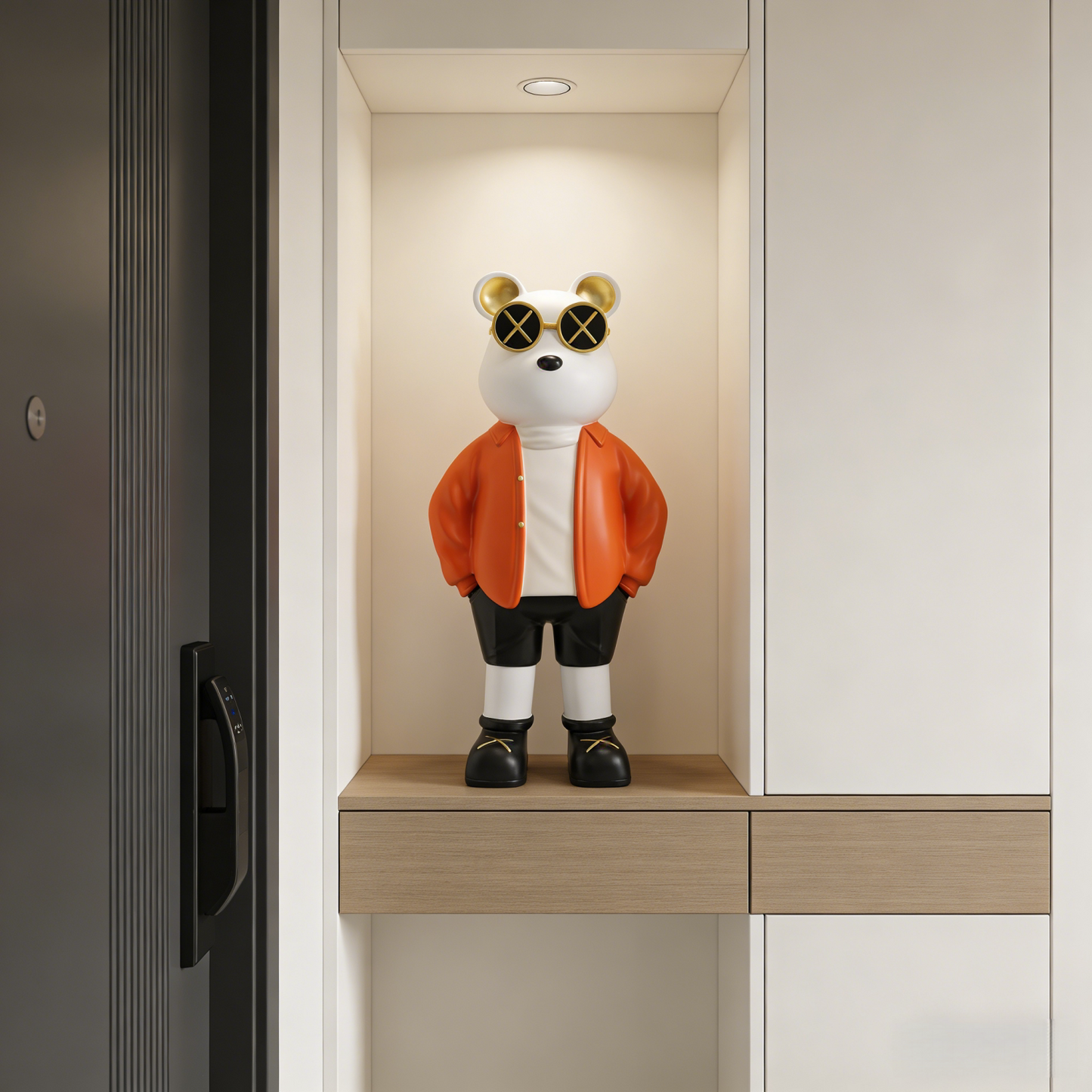 Large Bear Statue with Sunglasses, Orange Floor Decor for Living Room