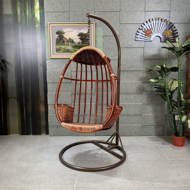 Natural Rattan Hanging Egg Chair with Stand, Mahogany Brown Swing Seat