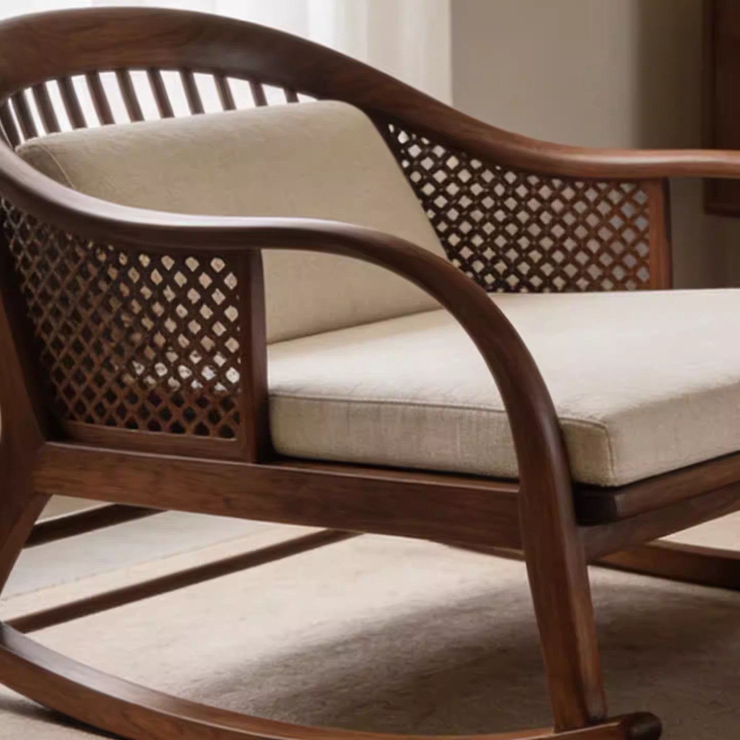 Solid Ash Wood Rocking Chair with Cushions, Walnut Finish