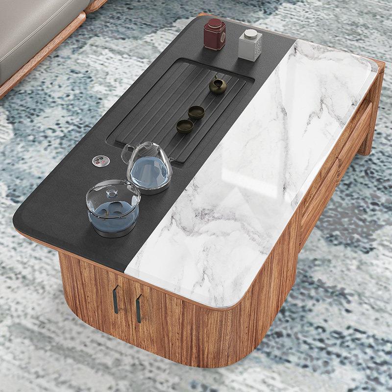 Solid Wood Tea Table with Marble Top and Built-In Tea Tray