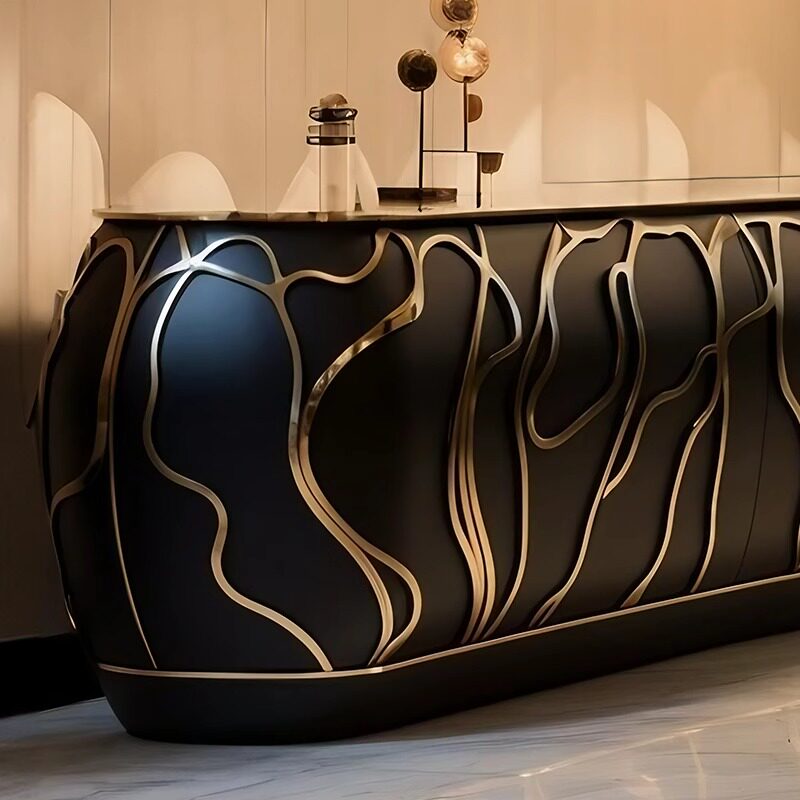 Black and Gold Abstract Sideboard Cabinet, Modern Luxury Credenza with Sculptural Pattern Front, Low Buffet Storage Cabinet for Dining Room, Living Room, Entryway and Hotel Decor