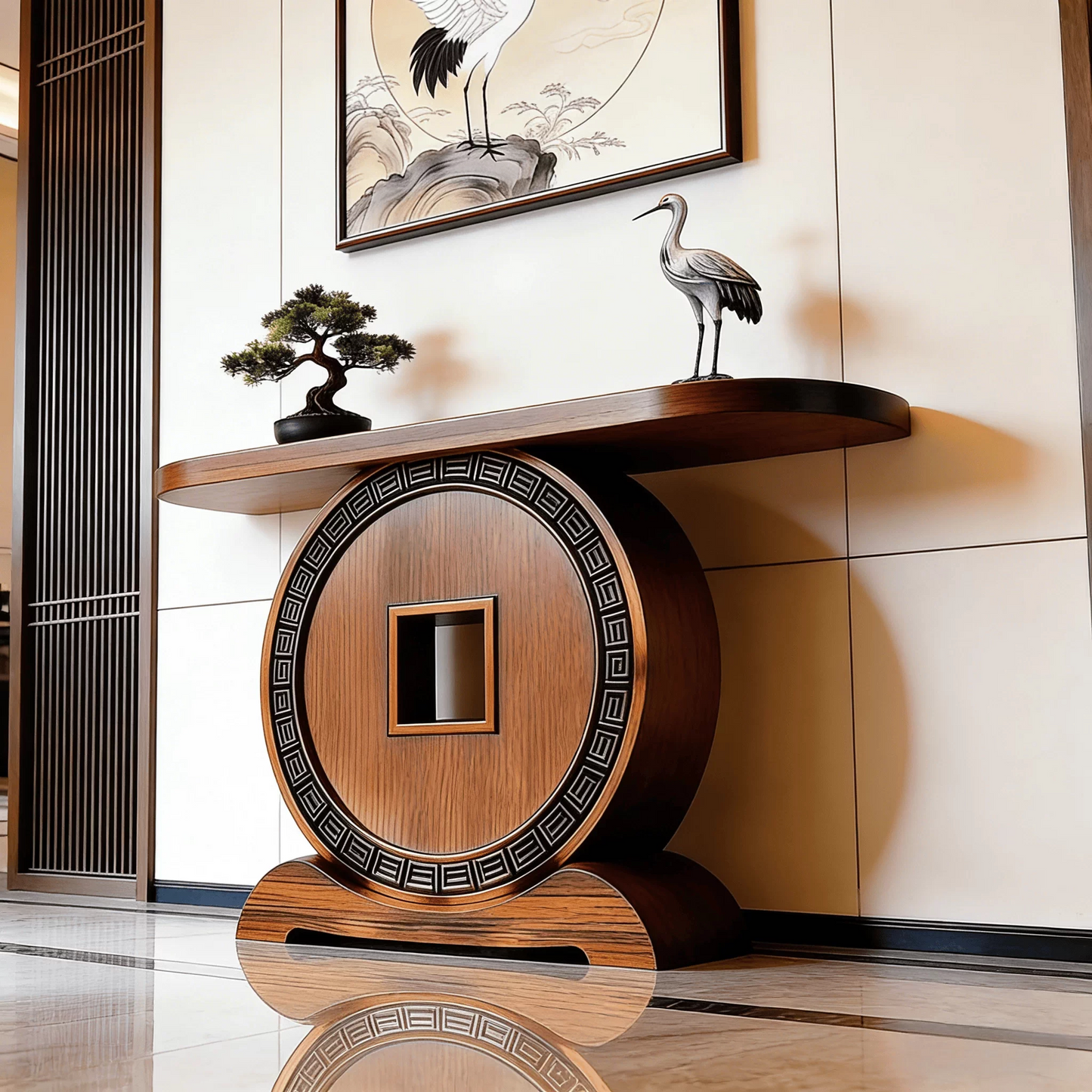 Solid Ash Wood Entryway Console Table, Round Coin-Inspired Pedestal Base, Walnut Finish Narrow Hallway Console Table, Modern Accent Sofa Table for Entryway, Foyer, Living Room &amp; Hallway